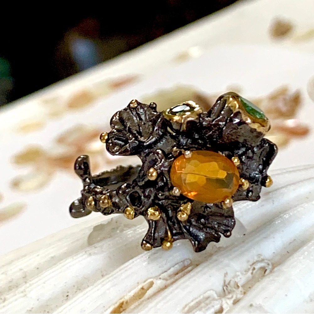 Coastal Designed Fire Opal & Gemstone Sterling Silver & 14kt Ring